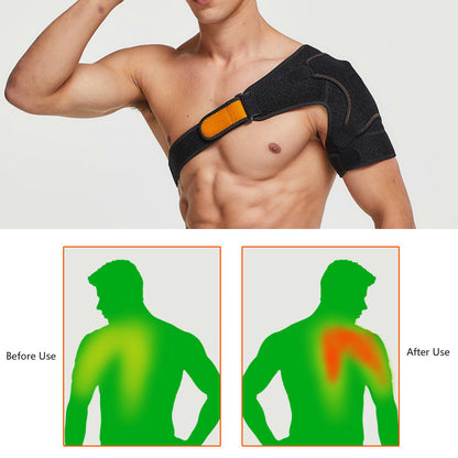 Adjustable sports shoulder support belt for sports injuries showing before and after use effects.