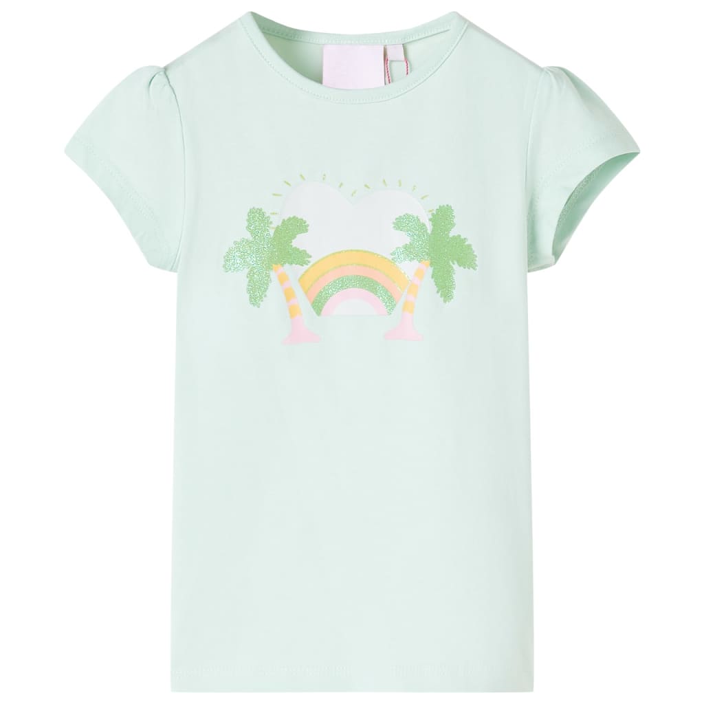light mint green children's t-shirt with palm trees and rainbow graphic design