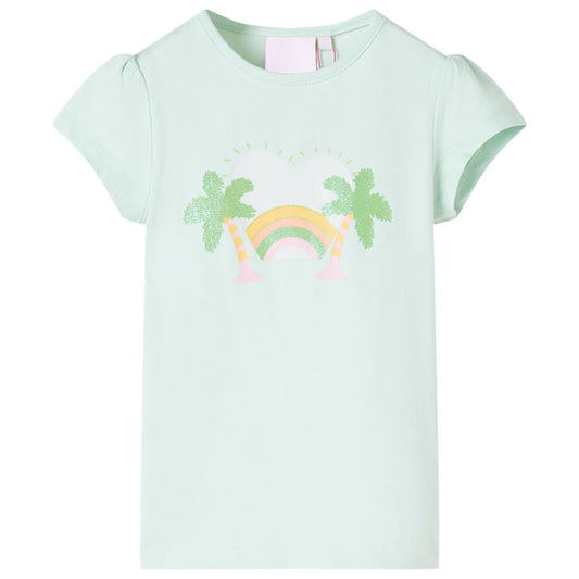 light mint green children's t-shirt with palm trees and rainbow graphic design
