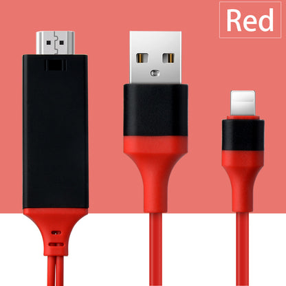 Type-C to HDMI projection cable in red, featuring HDMI, USB, and Lightning connectors for mobile phone projection.