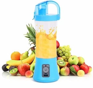USB rechargeable portable juicer with vibrant smoothie and assorted fruits in the background.