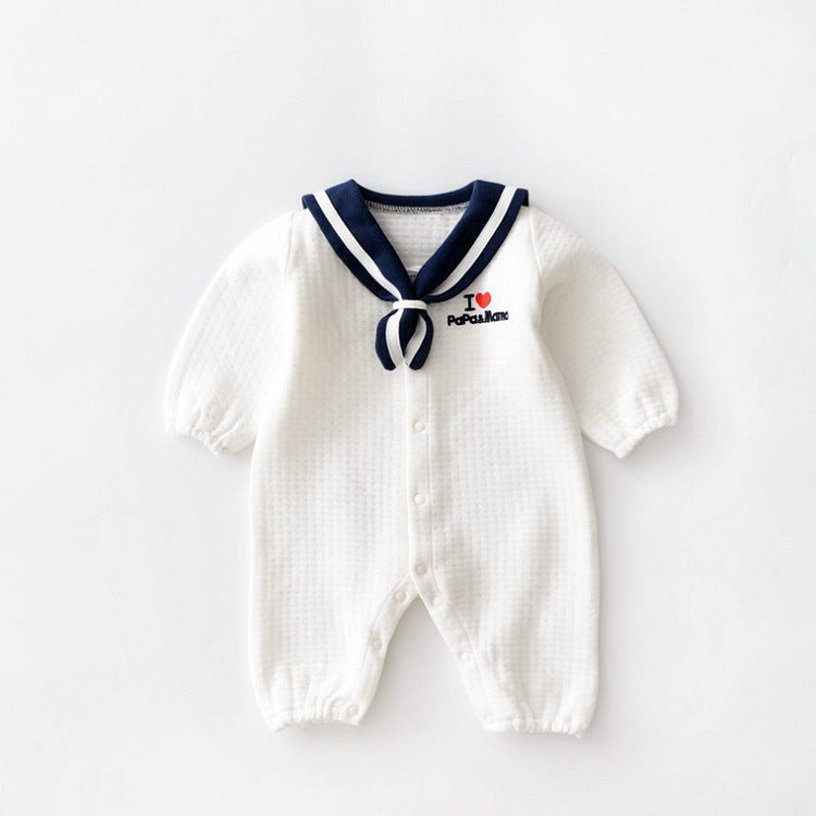 Navy style baby onesies featuring a sailor collar, buttons, and soft cotton fabric for newborns.