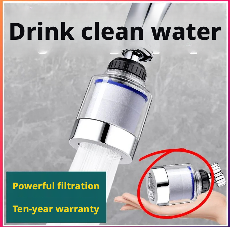 Rotatable ABS filter model attached to a faucet for clean water, showcasing powerful filtration and a ten-year warranty.