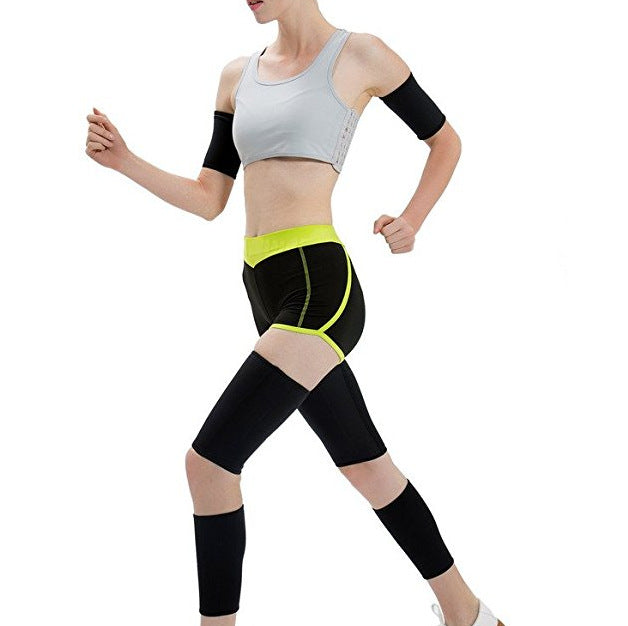 Adult sports arm sleeve for sweating and slimming worn by a person running in sporty clothing.