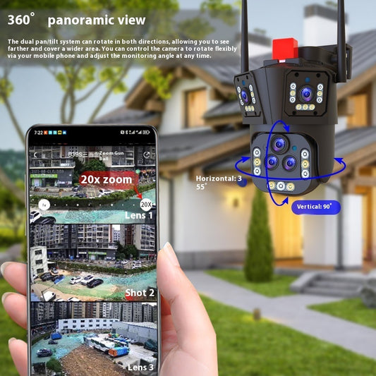 360° panoramic view of outdoor surveillance cameras with monitors showing real-time footage on mobile device.