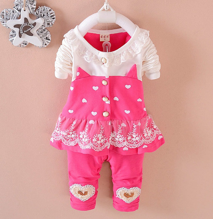 BibiCola toddler girls clothing sets featuring pink tracksuit with heart designs and lace trim for infants.