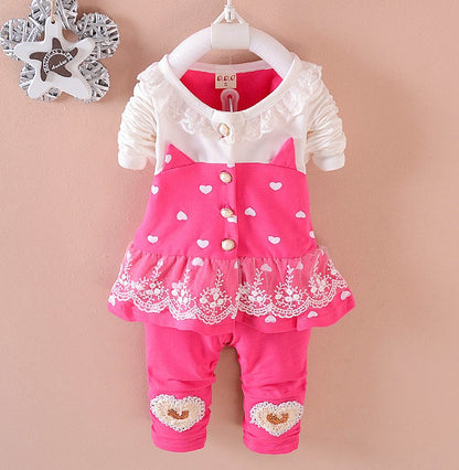 BibiCola toddler girls clothing sets featuring pink tracksuit with heart designs and lace trim for infants.