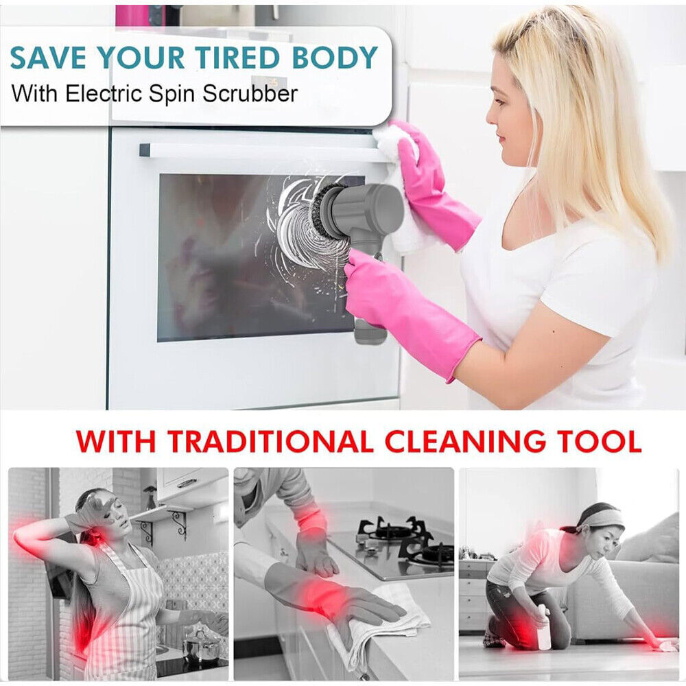 Woman using cordless electric cleaning brush to clean with ease, showcasing comfort and effectiveness over traditional tools.