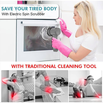 Woman using cordless electric cleaning brush to clean with ease, showcasing comfort and effectiveness over traditional tools.