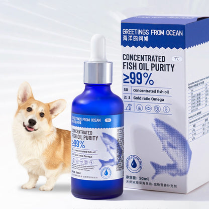 deep sea fish oil for dogs and cats bottle with purity label next to a corgi