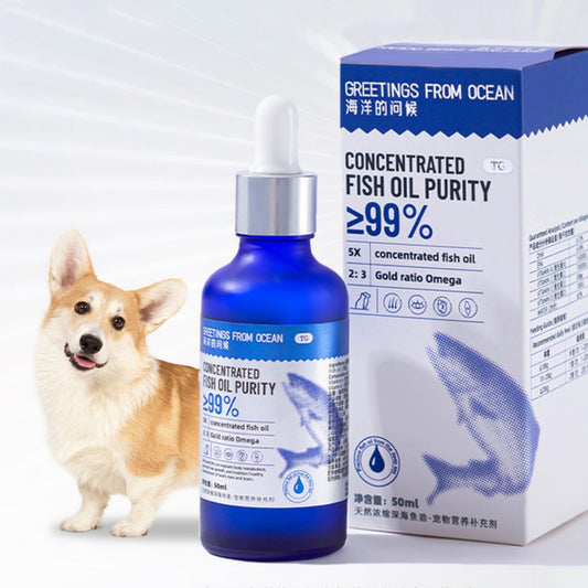 deep sea fish oil for dogs and cats bottle with purity label next to a corgi