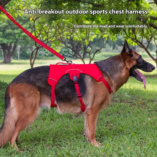 Explosion-proof dog camisole in red on a German Shepherd, designed for comfortable outdoor wear.