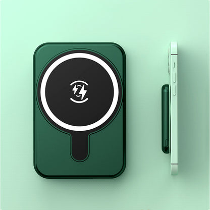 Mini Magnetic Power Bank 5000mAh Wireless shown in green color with magnetic suction feature.