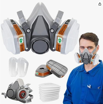 Reusable gas mask for spray painting with filters, including facepiece and accessories, safety gear with silicone construction.