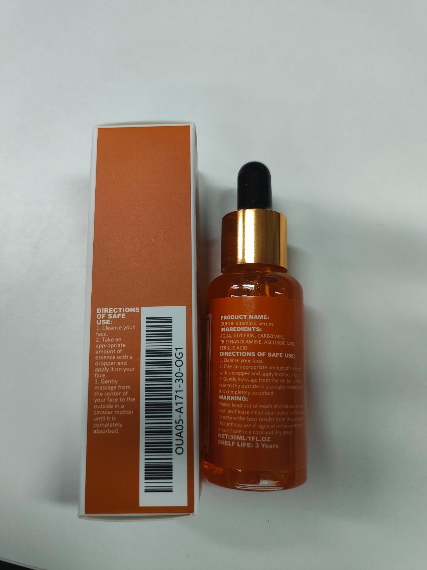Vitamin C facial serum in a dropper bottle with packaging, ideal for all skin types.