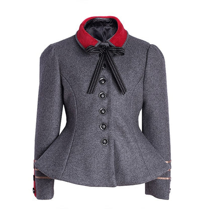 Girls vintage military peplum jacket in grey with red collar and bow tie, elegant style for kids 3-5Y.