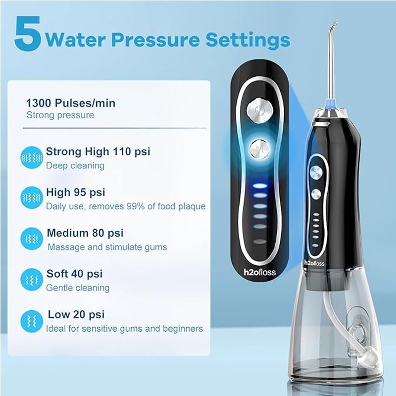 Portable water flosser with 5 modes showcasing 5 pressure settings for deep cleaning and gentle care.
