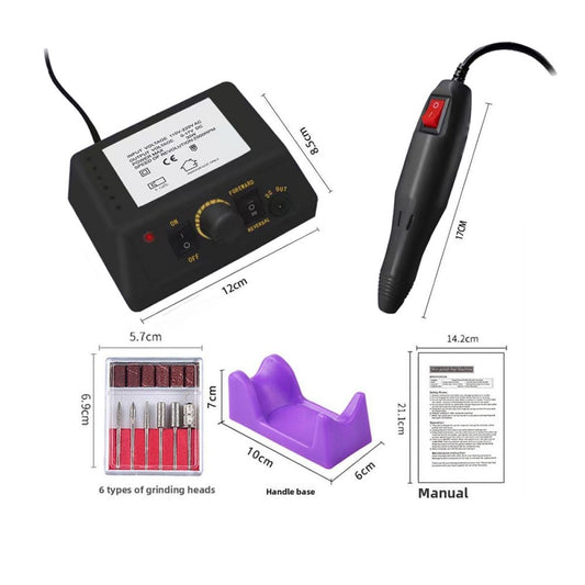 220V electric polishing grinder with adjustable speed, grinding heads, and user manual, suitable for manicure and dental work.