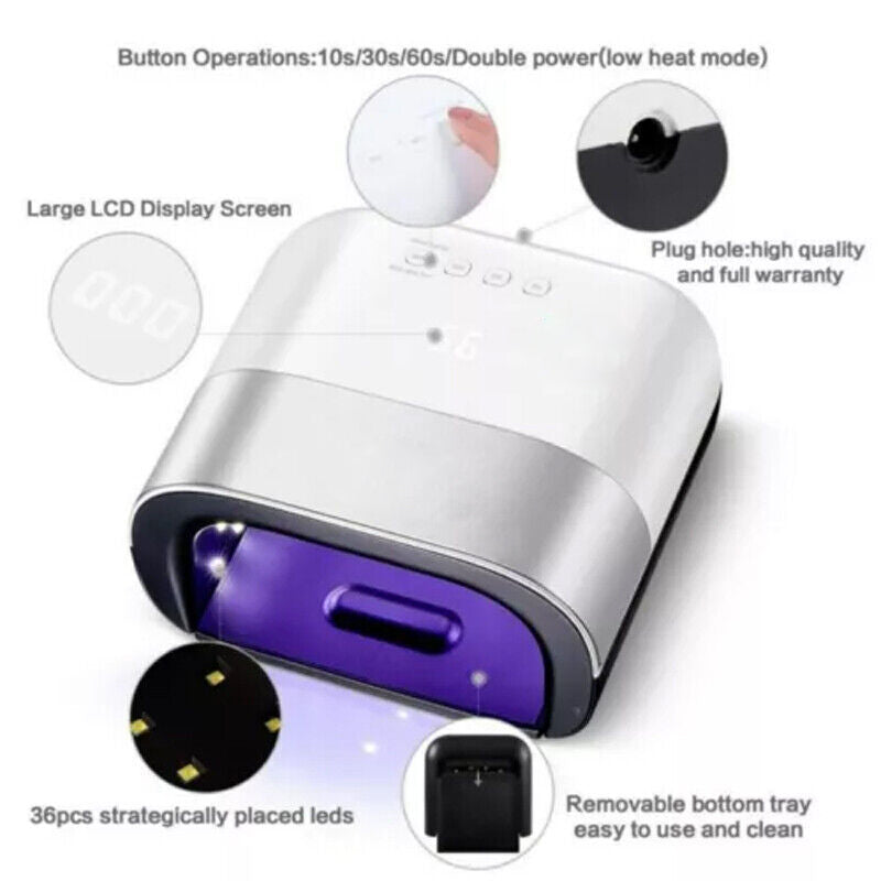 48W UV-LED nail dryer with LCD display and button operations for perfect nail drying at home.