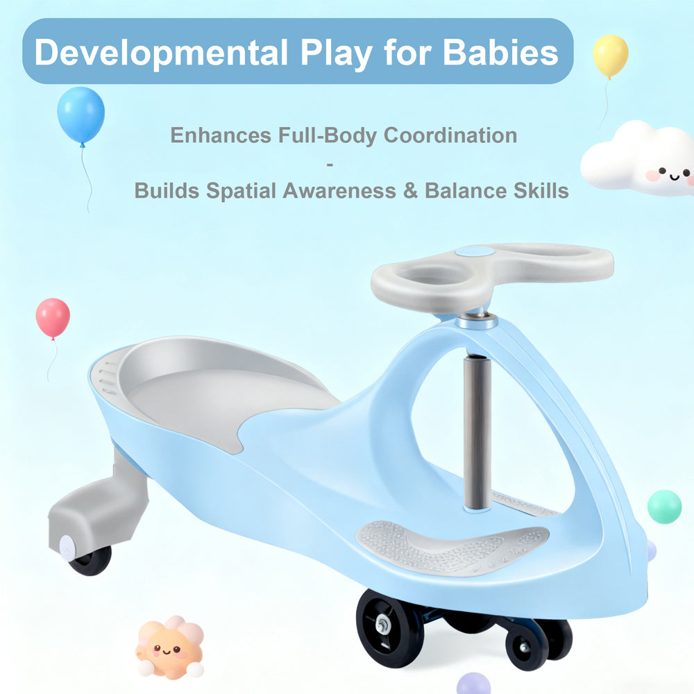 Children's swing car toy in blue promoting developmental play and coordination skills for babies.