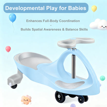 Children's swing car toy in blue promoting developmental play and coordination skills for babies.