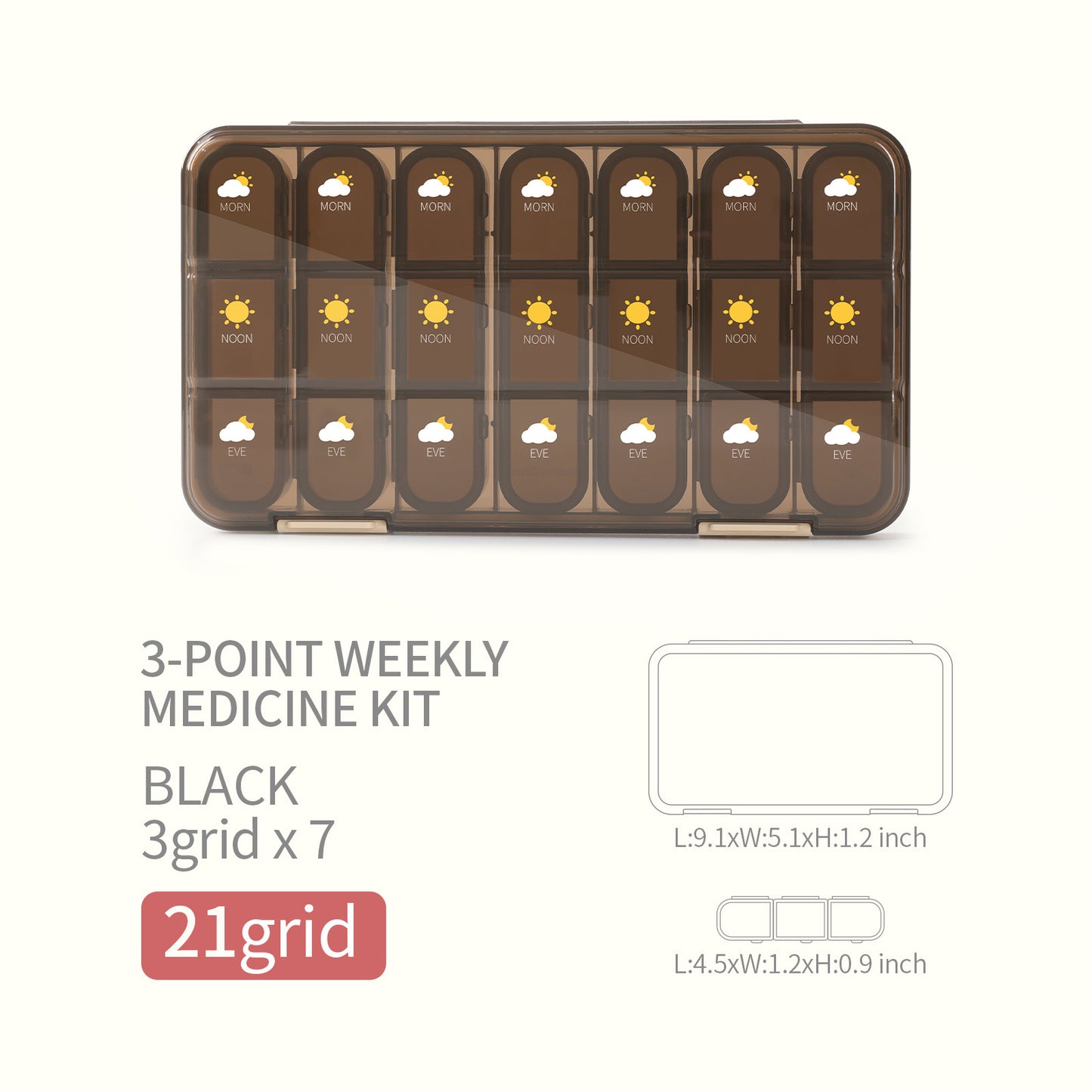 Sealed 1 week pill organizer with 21 compartments in black for easy medication management.