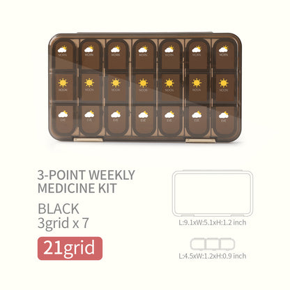 Sealed 1 week pill organizer with 21 compartments in black for easy medication management.