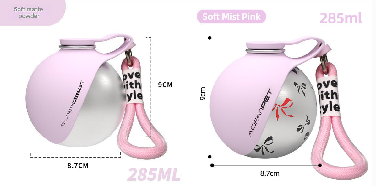 Portable dog water bottle in soft mist pink, 285ml, with a convenient design for outdoor pet hydration.