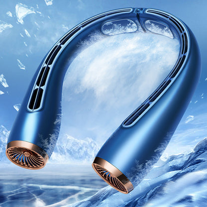 Portable bladeless neck fan designed for comfort and convenience, ideal for outdoor use in summer.