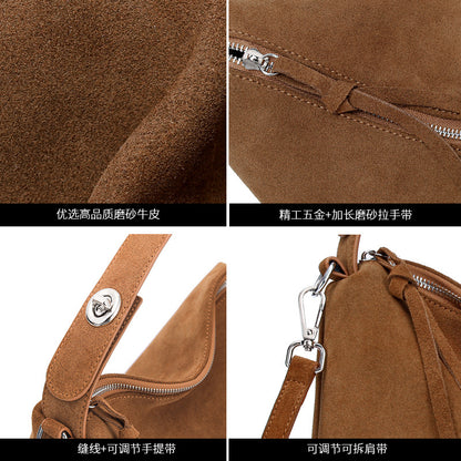 Genuine suede leather tote bag showing high-quality suede material and adjustable double straps.
