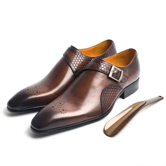 High-quality leather shoes for men featuring brown cowhide leather and stylish buckle design.