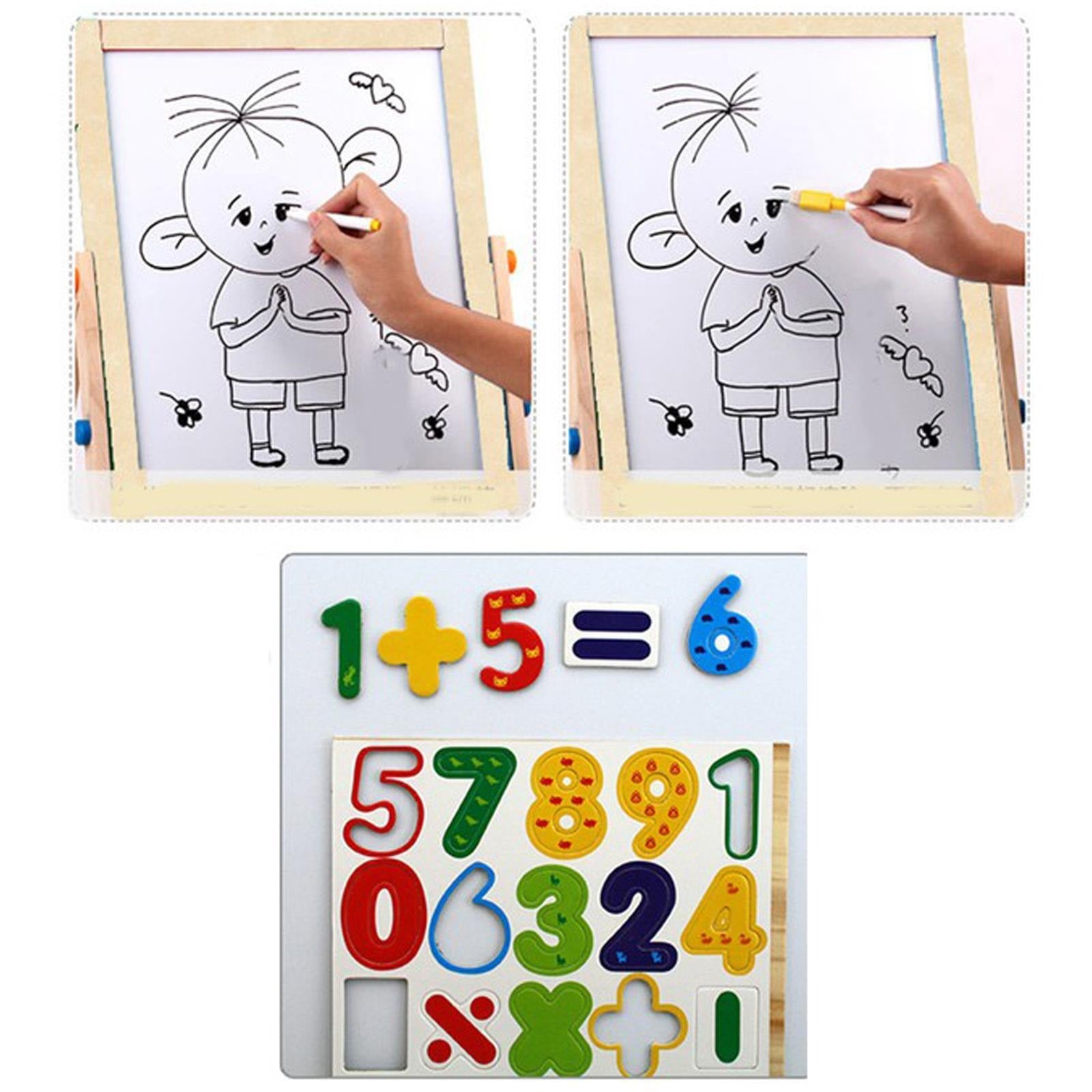 Kids 2 in 1 drawing board where a child draws on a whiteboard using chalk and colorful magnetic numbers.