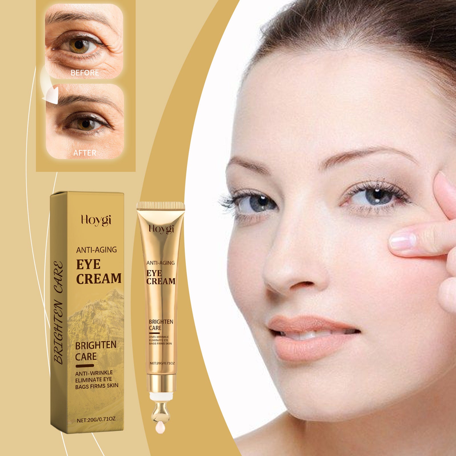 Before and after images showcasing results of firming eye cream for moisturizing. Woman applying eye cream product.