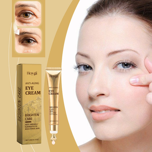 Before and after images showcasing results of firming eye cream for moisturizing. Woman applying eye cream product.