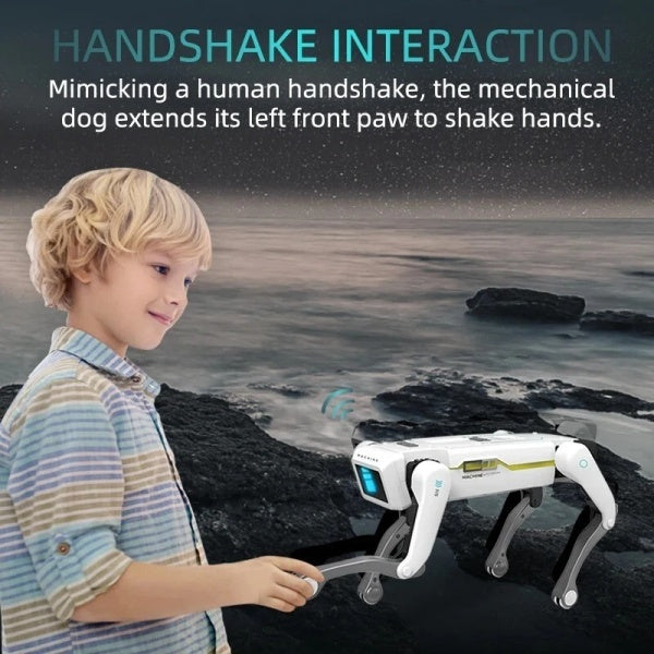 AI robot dog with voice control shaking hands with a child in an outdoor setting, demonstrating handshake interaction.