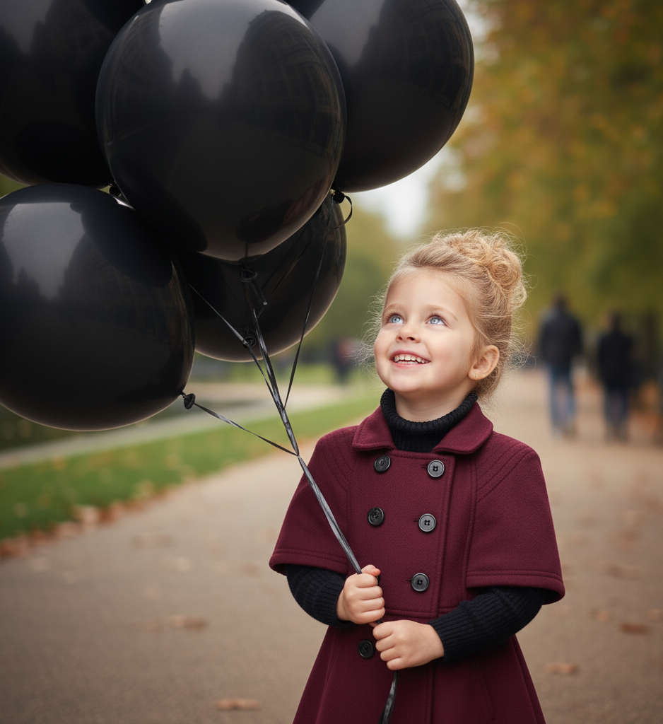 Girls wine red cashmere coat with black balloons in a park, exuding vintage elegance and joy.