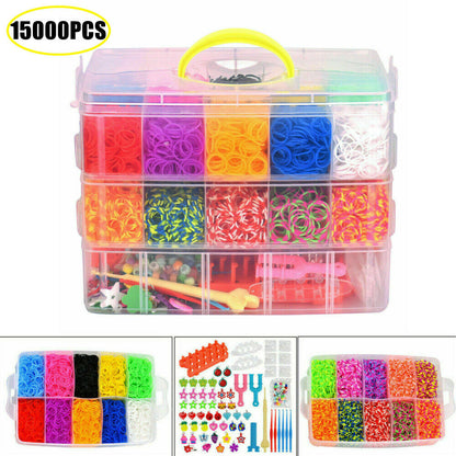 rubber loom bands kit for kids in a transparent storage box containing 15000 colorful elastic bands for DIY bracelet making.