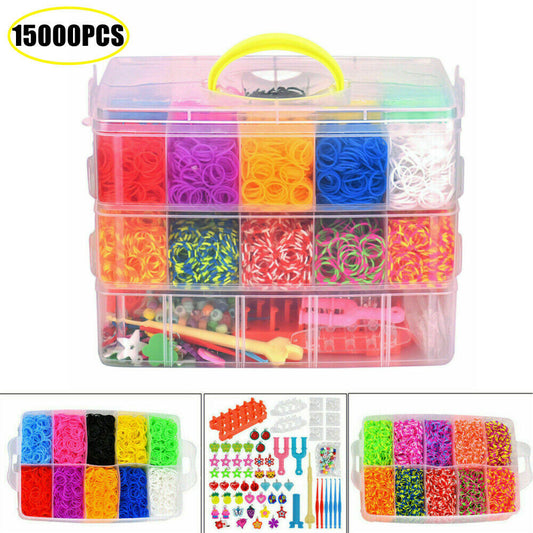 rubber loom bands kit for kids in a transparent storage box containing 15000 colorful elastic bands for DIY bracelet making.