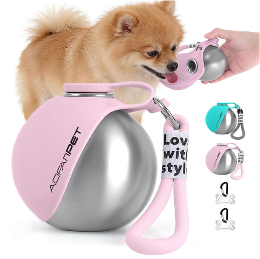 Portable dog water bottle for easy hydration on the go with built-in bowl and waste bag dispenser.