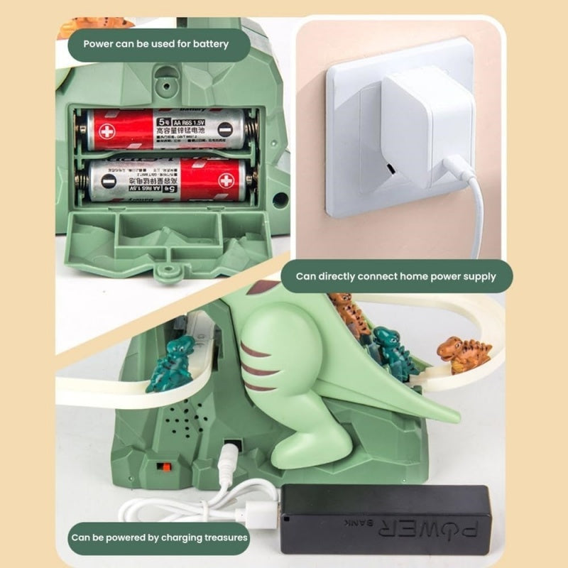 Power options for dinosaur climbing slide toy including battery, home power supply, and charging treasures.