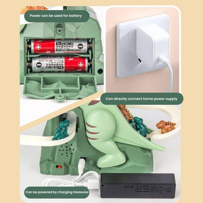Power options for dinosaur climbing slide toy including battery, home power supply, and charging treasures.