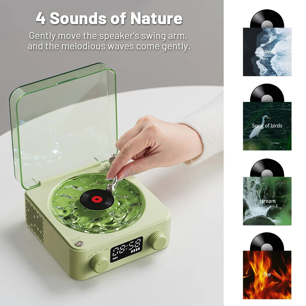 Retro Turntable Wireless Bluetooth Speaker with 4 nature sounds for tranquil audio experience.