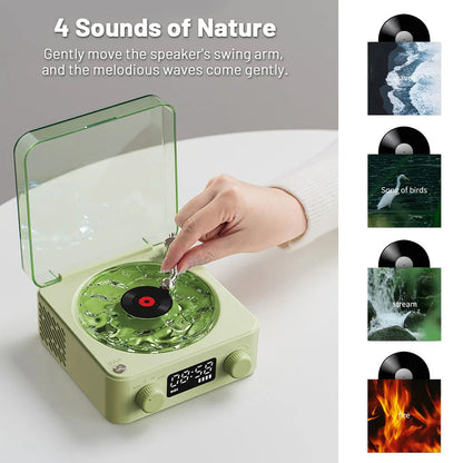 Retro Turntable Wireless Bluetooth Speaker with 4 nature sounds for tranquil audio experience.