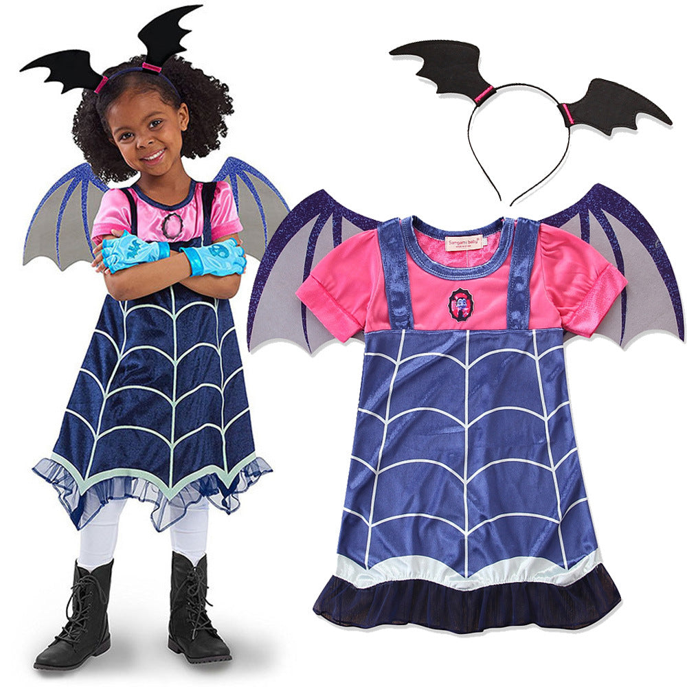 Cute princess Halloween dresses for toddlers featuring bat wings and spider web design, perfect for themed parties.