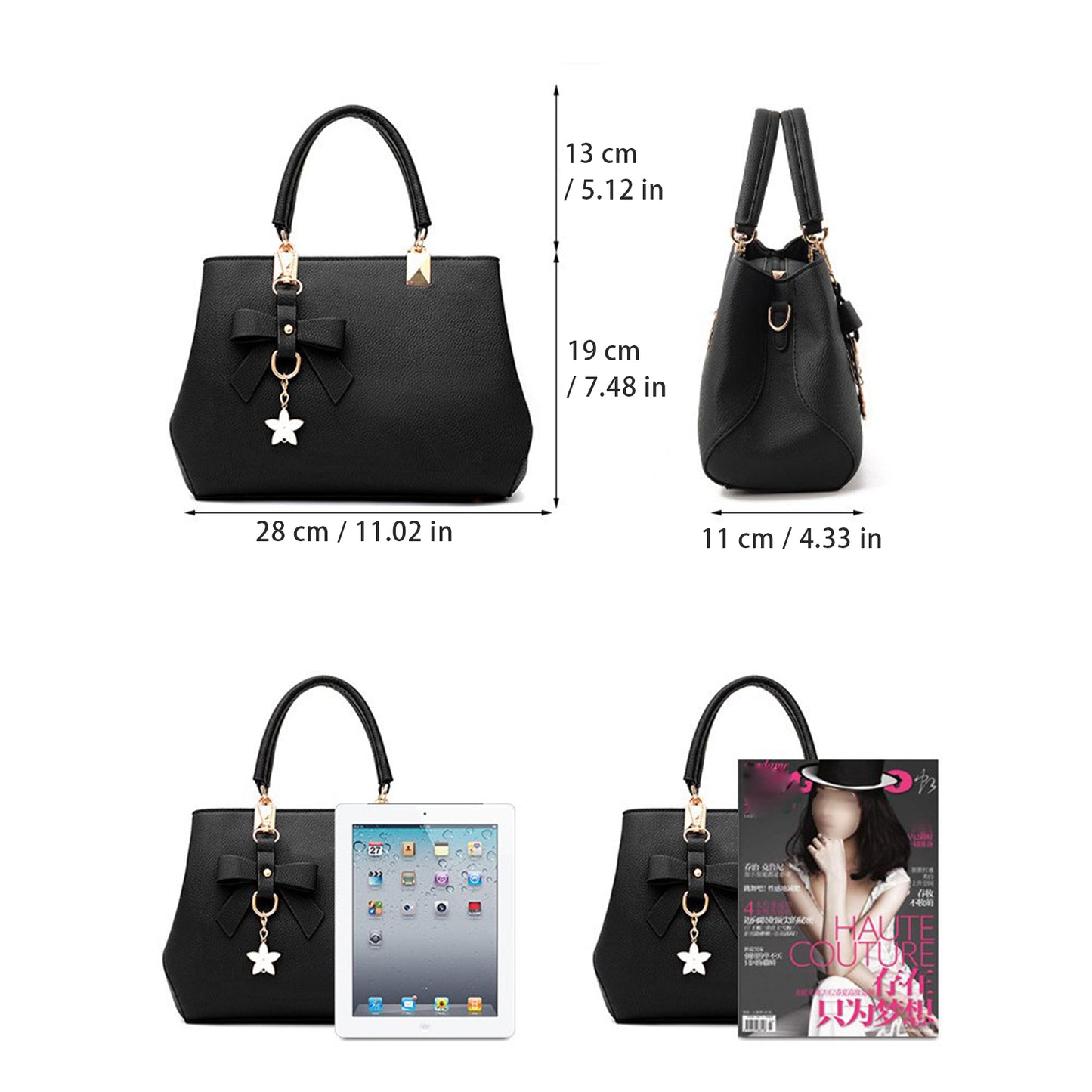 Women's top handle messenger tote bag in black with bow, featuring dimensions and stylish design showcased.