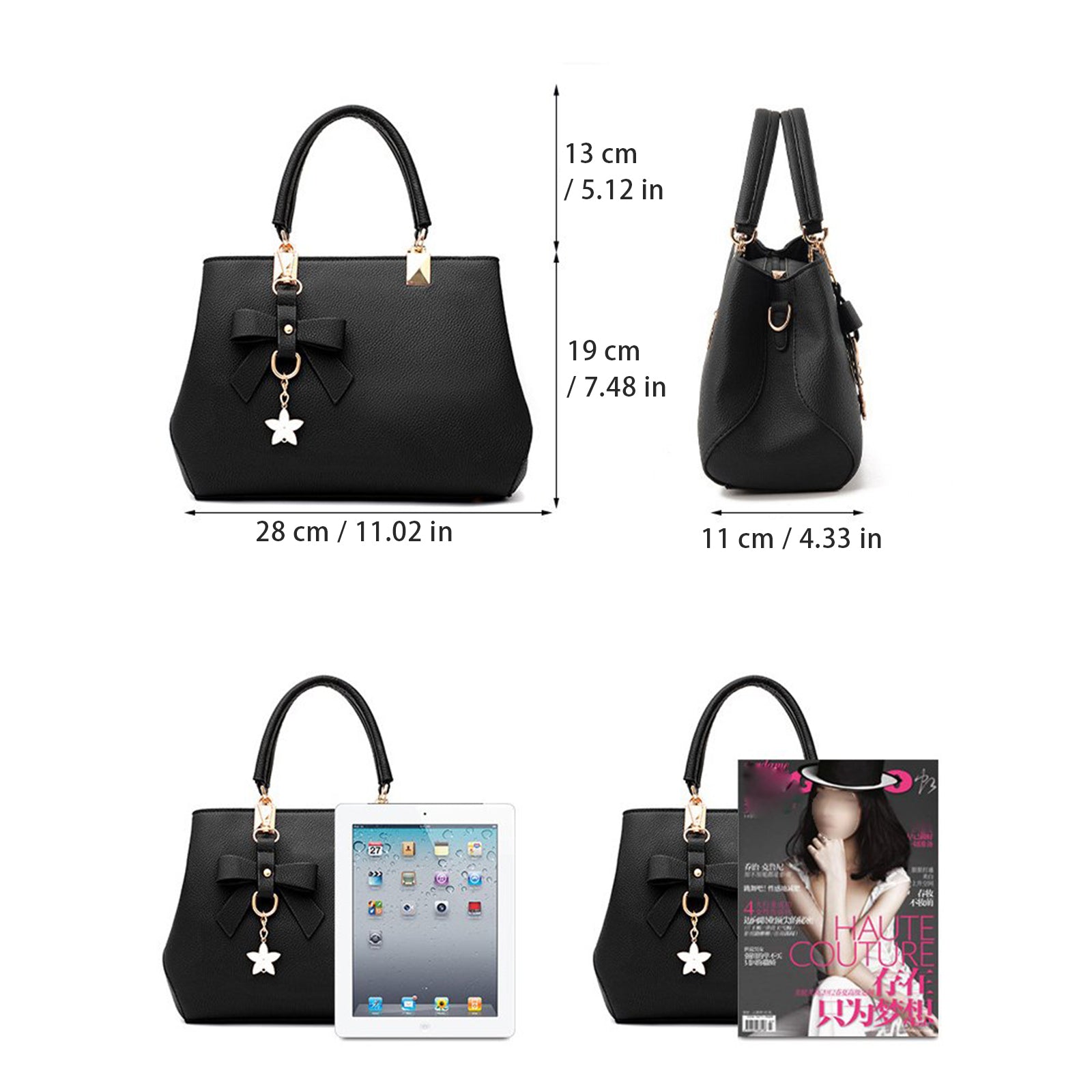 Women's top handle messenger tote bag in black with bow, featuring dimensions and stylish design showcased.