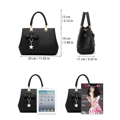 Women's top handle messenger tote bag in black with bow, featuring dimensions and stylish design showcased.