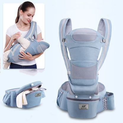 Ergonomic baby hipseat carrier shown in light blue, featuring a parent carrying an infant comfortably.