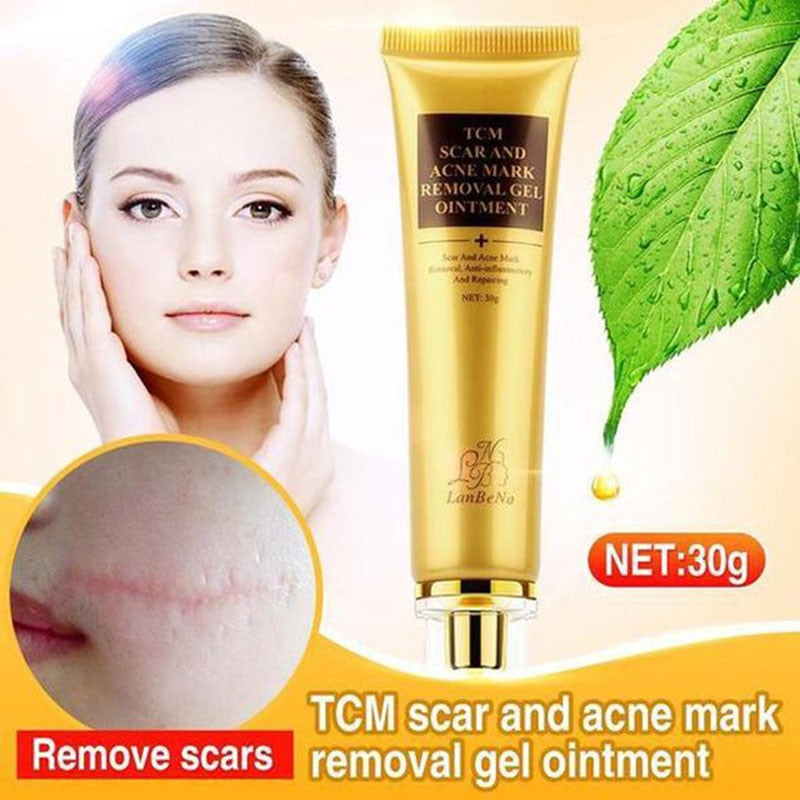 Acne scar removal cream packaging with a woman showing skin recovery effects. TCM scar and acne mark removal gel ointment.
