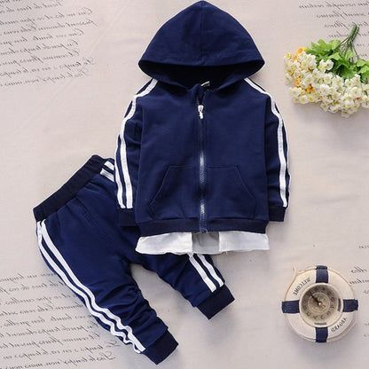 Baby kids sports suit in navy with hood and stripes, perfect children's sports suit for infants.
